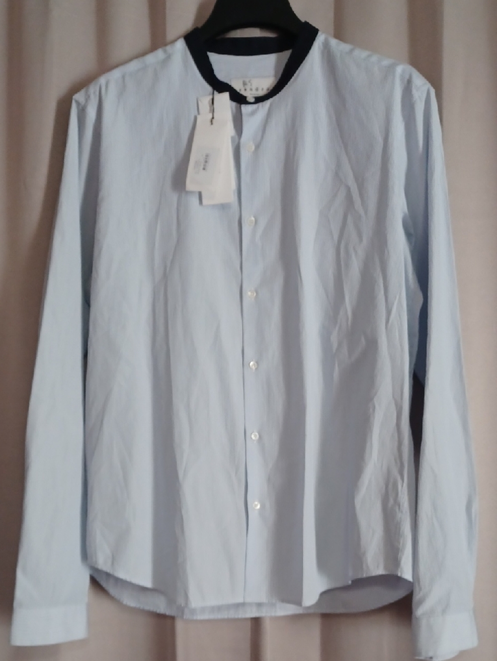 Sandro Paris New XL Blue White Pinstripe Button Down Shirt Contrast Band Collar
